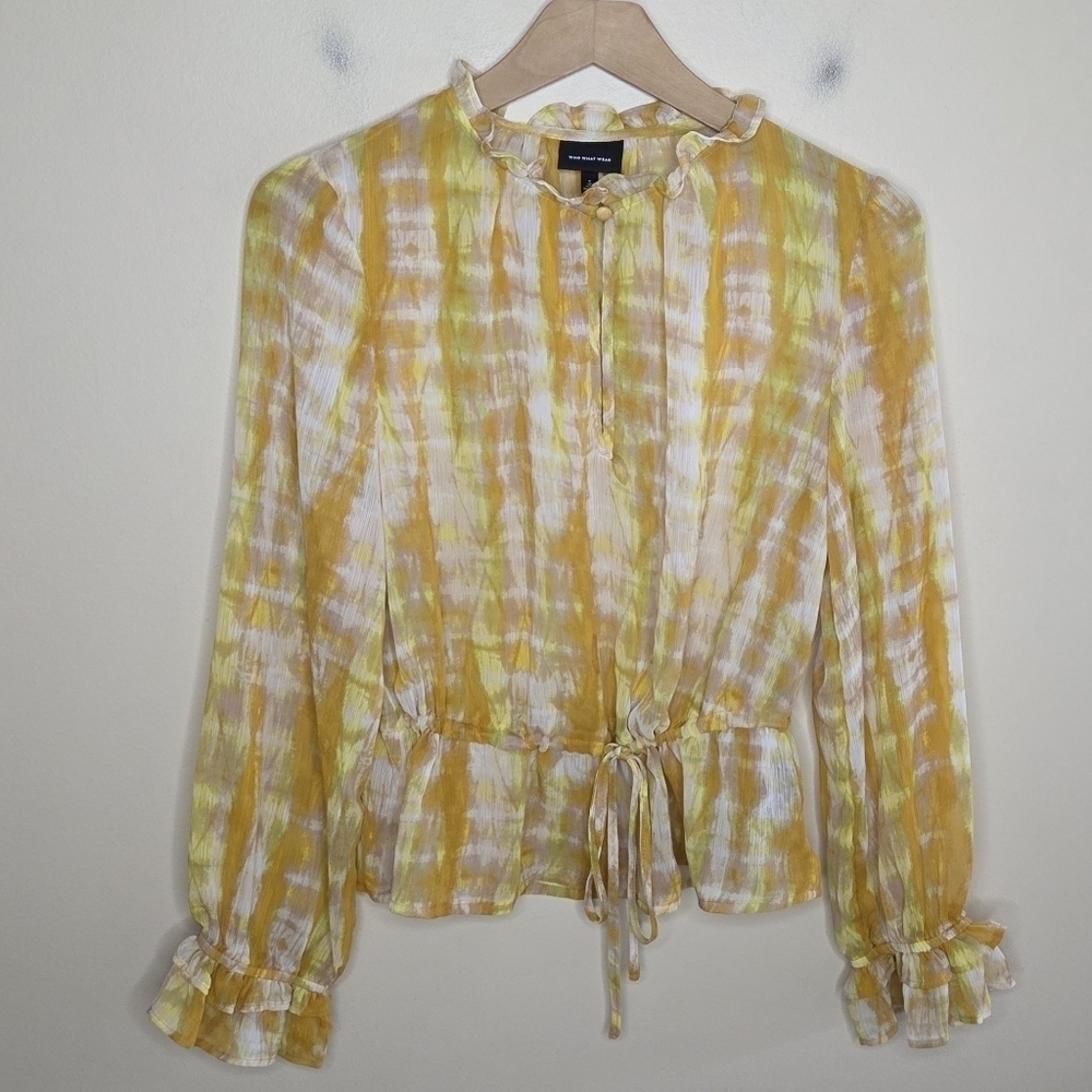 Who What Wear Yellow Tie Dye Ruffle Neck Peplum Blouse Size Small